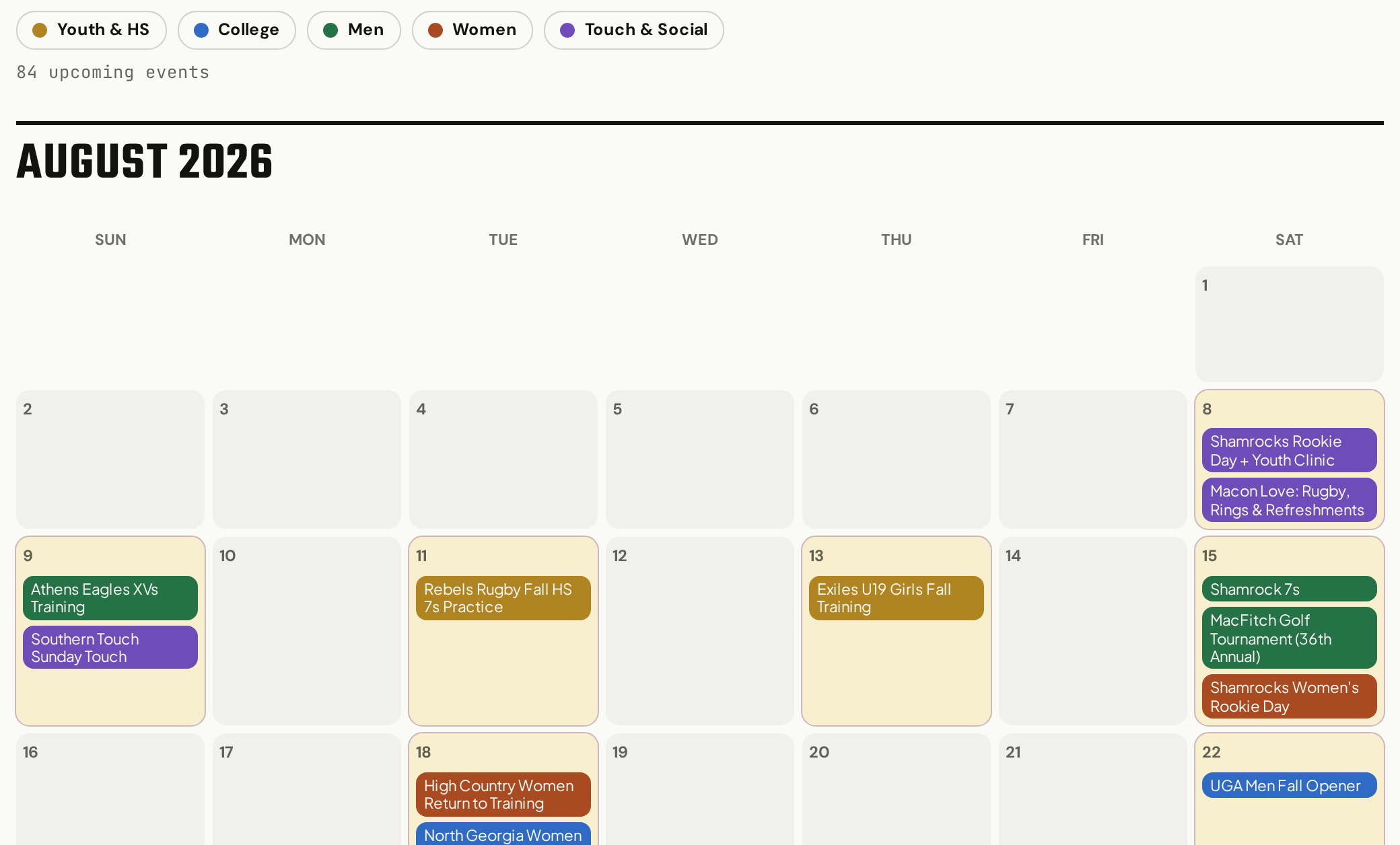 The August 2026 board at therugbyradar.com/calendar, color coded by division.