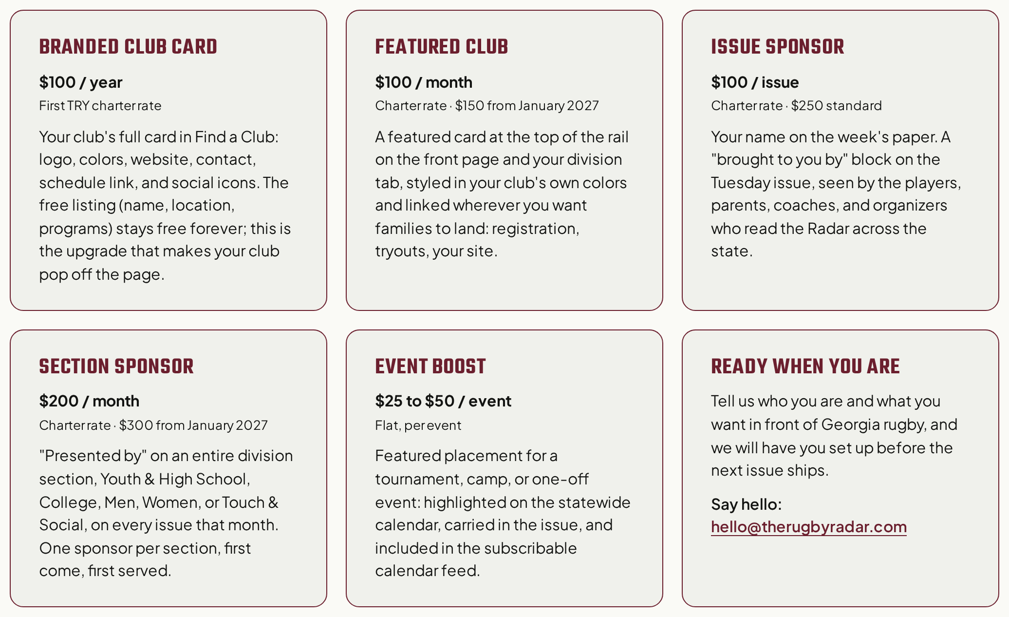 The charter rate card at therugbyradar.com/sponsor.